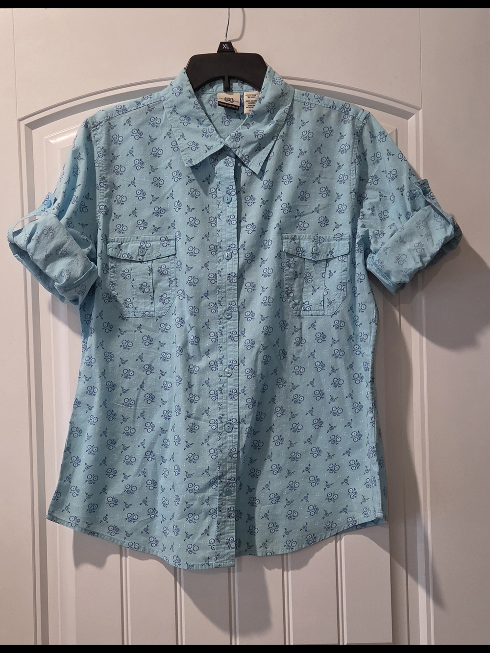 Light Blue Roll Tab Button-Up Shirt with Ditsy Floral Print